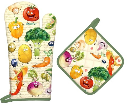 Arquiel Guante De Horno Agarraderas 2PCS, 100% AlgodóN Guante De Cocina Resistente Al Calo Grueso Seguro para Cocinar, Hacer Barbacoas Microondas Y para La Chimenea Regalo(Interesante Verduras)
