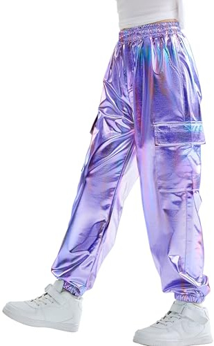 Rolanko Pantalones Cargo Niñas, Dance Hip Hop Pantalones Metálicos Brillantes Cintura Elástica Retro Streetwear, Azul Morado, 13-15 años,170
