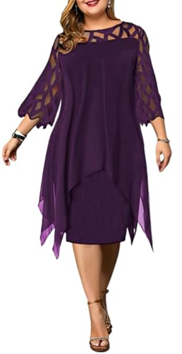 Meichoon Vestido de Verano para Tallas Grandes Gasa Ligera con Aberturas de Encaje Mangas 3/4 y Dobladillo Asimétrico Morado L