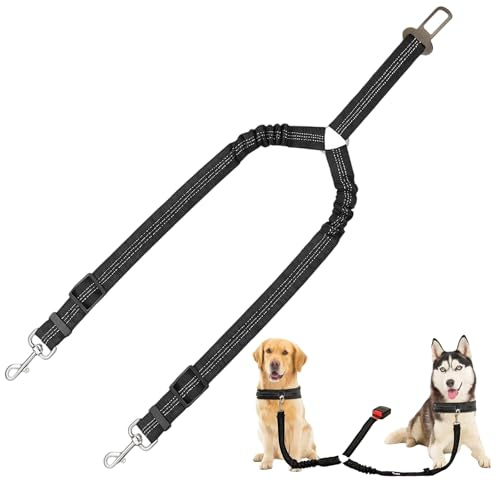 Double Dog Seat Belt, Dog Seat Belts for Cars with Reflective Strips, 2-in-1 Car Harness Seatbelt for Safe Travel, Adjustable Dog Seat Belt Clip for Multiple Pets