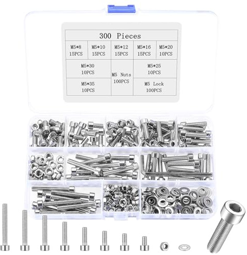 Lot de 300 vis M5 à tête hexagonale en acier inoxydable - Vis cylindriques à six pans creux avec écrous et rondelles - Assortiment de vis à tête cylindrique