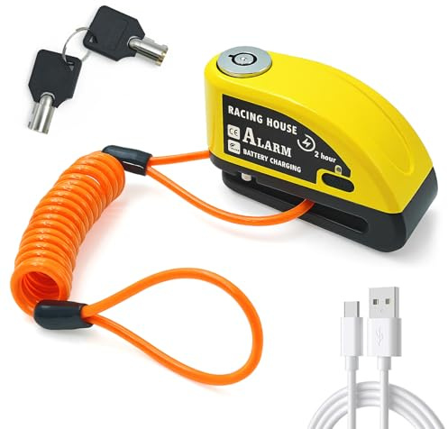 Blocca Disco per Moto con Allarme 110 dB, Lucchetto Antifurto Moto Ricaricabile USB-C 500 mAh, Corpo in Alluminio Impermeabile e Antipolvere, Accessori Moto con Cavo Promemoria 1,5 m e 2 Chiavi