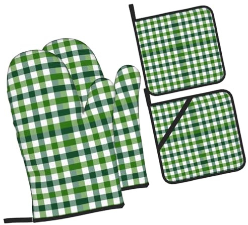 Set di 4 guanti da forno e presine, motivo scozzese a quadretti verdi, per cucina, impermeabili, antiscivolo, resistenti al calore, per cuocere al forno, grigliare, cucinare, con corda per appendere