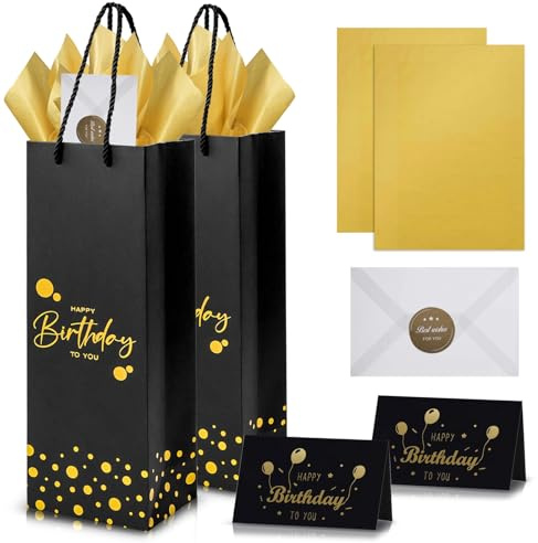 Black Gold Happy Birthday Bottle Bags Wine Carry Bag for Men Women,Kraft Paper Gift Bags for Wine,2pack Wine Bottle Gift Bag with 4 Gold Tissue Paper & 2 Gift Cards for Wines,Whiskey,Spirits,Champagne