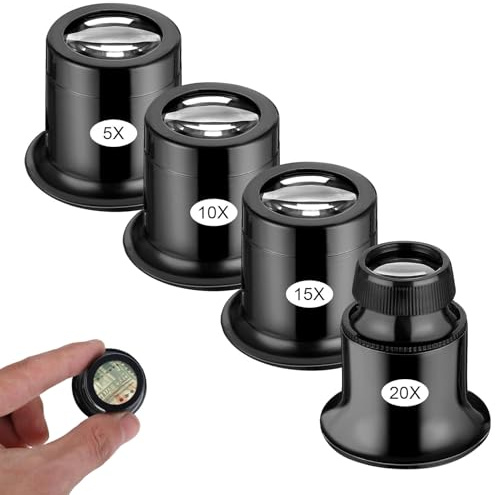 Lot de 4 loupes d'horloger de bijoutier - 5 x / 10 x / 15 x / 20 x - Avec boucle en verre - Loupe de bijoutier - Loupe de bijoutier - Loupe portable - Loupe grossissante - Verre grossissant portable