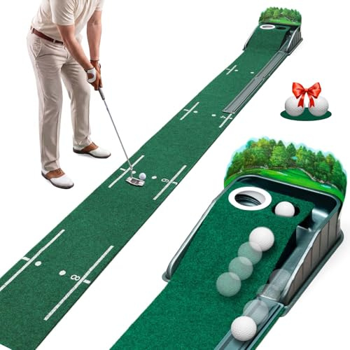 Putting Green Indoor - Tappetino da golf con velocità verde realistica, tappetino da golf di precisione a doppio foro con ritorno automatico della palla, tappetino da golf da 2,4 m per allenamento