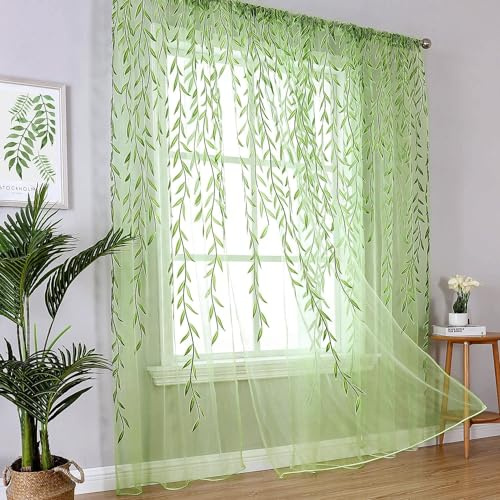 BROSHAN Transparente Vorhänge für Wohnzimmer, Rankenblatt-Muster, 274,3 cm lang, 2 Paneele, grün, Schlafzimmervorhang, durchsichtig, Voile, für Schrank, Tür, Kinderzimmer