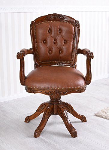 PALAZZO INT Chesterfield Fauteuil pivotant anglais en acajou 63 x 58 x 106 cm - Chaise de bureau pivotante - Fait à la main - Reproduction de style vintage - Bois massif sculpté