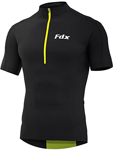 FDX Men’s Cycling Jersey - Half Zipped, Half Sleeves, Summer Cycle Breathable Tops with 4 Pockets - Bicycle Riding Shirt, MTB Racing, Mountain Bike, Running, Outdoor Sports Clothes (Black, XX-Large)