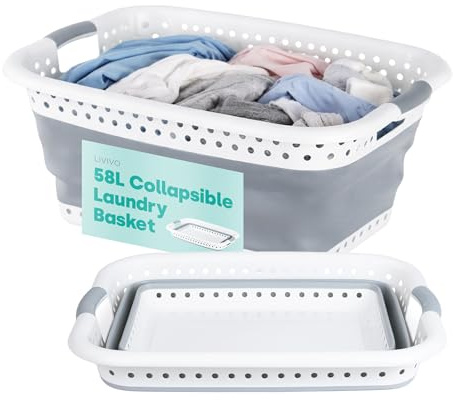 LIVIVO Collapsible Laundry Basket 58L - Foldable Laundry Basket with Handles, Large Space-Saving Pop Up Washing Basket - Multipurpose Laundry Hamper for Home, Dorms & Utility Rooms (Grey)