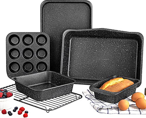 Granitestone Ultra Nonstick Bakeware Set, 5 Piece Dishwasher Safe Baking Pans Set with Muffin Pan, Loaf Pan, Round Baking Tray & Baking Sheet for Oven with Even Heating &No Warp Technology