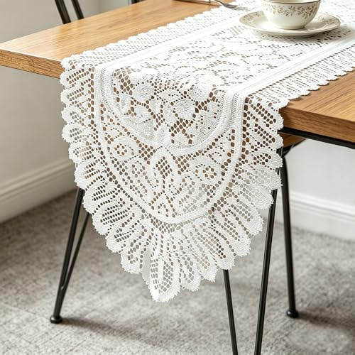 Tinsow 2 Pack Cotton Crochet Lace Rectangular Table Runner Dresser Scarf Doilies (White Style, 13 X 44)