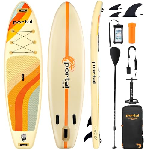 Portal Stand Up Paddle Board, 10'6x33 x6 Inflatable Paddle Boards with SUP Accessories Including Carry Bag, Hand Pump, Paddle, Leash, Fin, Repair Kit, Waterproof Phone Case, Beige