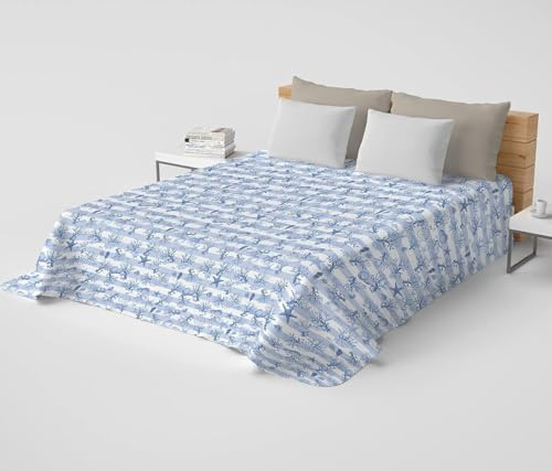 PELLECCHIA COLORI Copriletto Matrimoniale Primaverile Estivo Piquet Fantasia Marina, Made in Italy | Lenzuolo Copriletto Coralli e Conchiglie Azzurro,Matrimoniale (260 x 280)