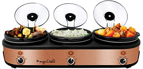 Megachef Triple 2,5 gallon långsam spis och bufféserver i borstad koppar och svart finish med 3 keramiska krukor och avtagbara handledsstöd