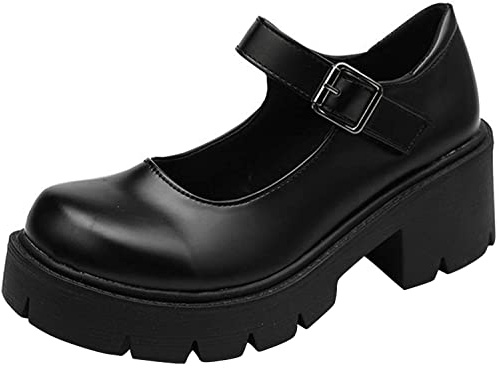 Women's Platform Mary Janes Chunky Heel Ankle Strap Uniform Dress Shoes Heeled Gothic Lolita Oxfords (7, Single Strap-Matt Black)