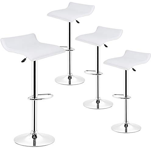 Taburete de bar – Juego de 4 sillas giratorias de 360°, silla de bar con reposapiés, silla alta bar moderna de piel sintética, cuadrada, ajuste de altura – Taburetes altos, fácil de montar (4, blanco)