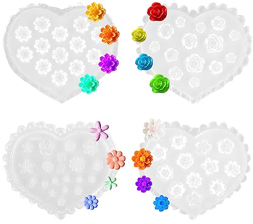 Amaxiu Flower Polymer Clay Molds, 4 Pcs Rose Daisy Floral Silicone Miniature 3D Embossed Clay Molds for Earrings Jewelry Making, Nail Art, Cupcake, Handmade DIY Craft Decoration Supplies