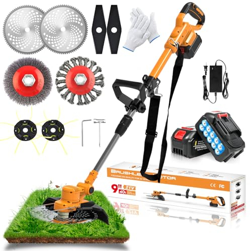 Akku Rasentrimmer, 21V Rasentrimmer mit Akku und Unkrautbürste, Bürstenloser Freischneider mit 2 Akku 4.0Ah, Elektro Motorsense 90°Schwenkbarem Kopf, für Garden Trimmen (orange)