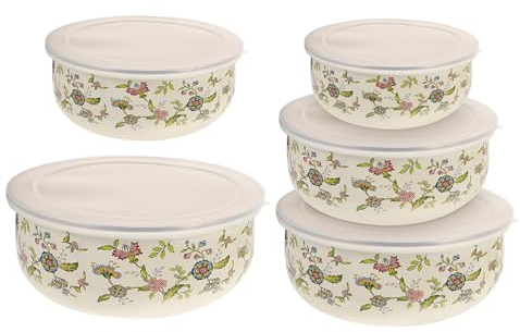 GRIRIW Lot de 5 bols en émail avec couvercle - Polyvalents - Pour cuisine, salades de fruits, salades et soupes - Bols de conservation empilables pour réfrigérateur et stockage