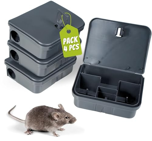 DETRAPS Trappola per Topi Piccoli - Stazione di Esca per Roditori Professionale, Fatto in Italia, 4 Unità, Scatola per Esche Contro Topi e Ratti, per Interno ed Esterno, Ideale per Casa e Giardino