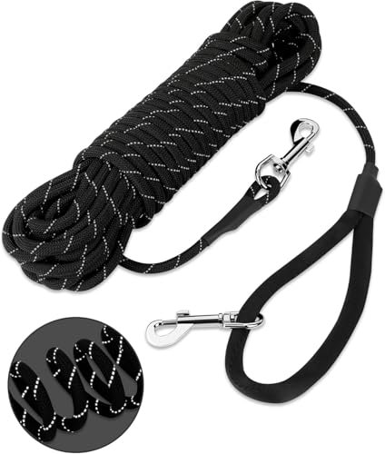 HAPPY HACHI Schleppleine für Hunde, Reflektierend Schleppleine Hundeleine mit Handschlaufe & 2 Karabinerhaken, Robuste Geflochten Trainingsleine für Kleine bis Große Hunde (Schwarz, 20m)