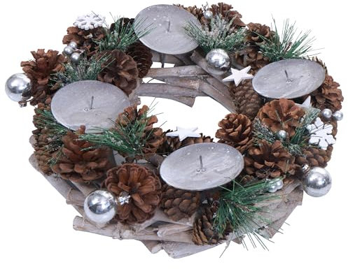 Adventskranz HWC-M15, Adventsgesteck Tischkranz Weihnachtsdeko Tischdeko, Holz MVG Silber Ø 32cm - ohne Kerzen