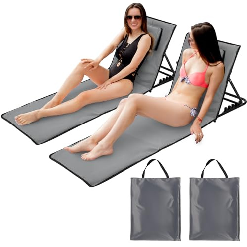 Ollewiellan strandmatta, vikbar, strandmattor, vadderad, strandstol med handväska, förvaringsfack, inbyggd kudde med 5-växlad justering, slitstarkt tyg (158 cm, mörkgrå, två)