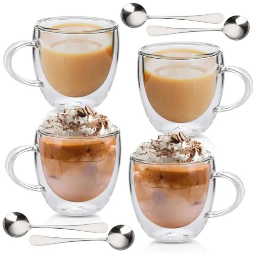 Lot de 4 tasses à expresso à double paroi - 250 ml - Avec 4 cuillères argentées - Pour cappuccino, café, café glacé
