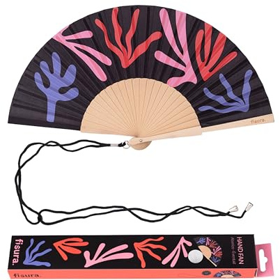 Fisura – Abanico original con estampado de corales. Abanico de madera moderno y colorido. Ventilador de mano negro. Colgador incluido. Medidas: 42,5 x 23 cm