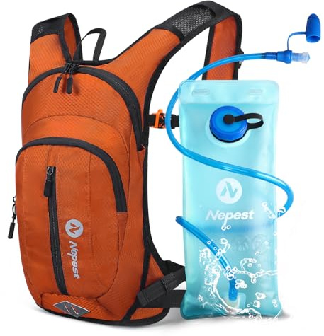 Nepest Mochila de hidratación de 8 l – Mochila para bicicleta y esquí con bolsa de hidratación de 2 l, ideal para MTB, correr y esquiar, pecho ajustable y correa de cintura con silbato de seguridad