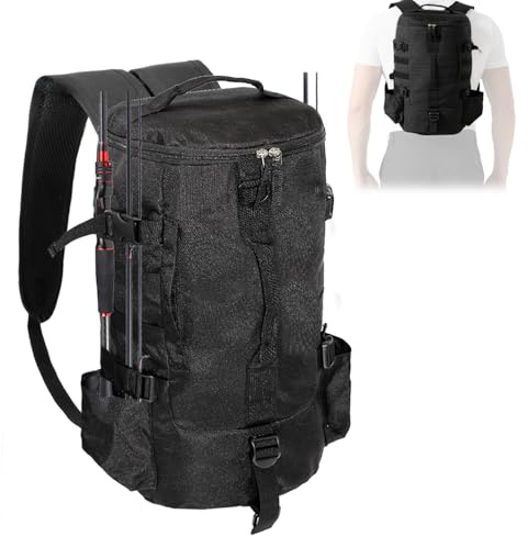 FishingPepo Zaino da pesca, borsa portaoggetti per attrezzatura da pesca e attrezzatura con porta canna, borsa a tracolla per attività all'aperto, caccia, escursionismo (nero)