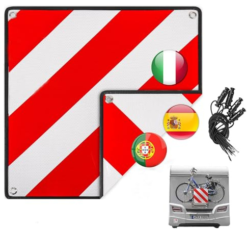 Warntafel Italien Spanien & Portugal, 3 in1 Rot Weiß Reflektierend Warntafel mit 4 Spanngurte, 50 x 50 cm Tragbar Aluminium Warntafel Fahrradträger Faltbare für Auto, Wohnmobil Fahrradträger (A)