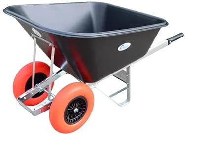 Equimed Garden Wheelbarrow - Extra Large Trolley with 200L Plastic Bucket, Puncture-Proof PU Wheels, Galvanised Frame (Black/Red)