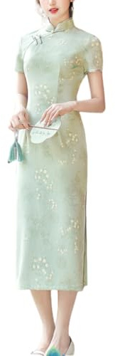 Qipao De Lino para Mujer, Vestido Chino Retro Elegante De Manga Corta, Cheongsam Midi, para Ocasiones Especiales, Cóctel, Vestido Formal Vintage para Invitadas A Bodas, Fiestas De Té, Verde Claro
