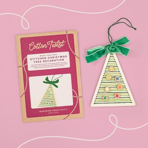 COTTON TWIST Craft Kit Make Your Own Stitched Christmas Tree Decoration Set - Wood and Thread - Eco-Friendly Festive Hanging Ornament - Handmade Embroidery Art Activity