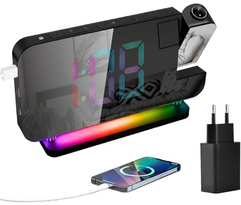 Projektionswecker Schlafzimmer, 168mm LED Digitale Spiegeluhren mit 6 Helligkeitsstufen & RGB-Nachtlicht & 360°Drehbarem Projektor, Wecker mit Projektion Schreibtischuhr für Schlafzimmer Wohnzimmer