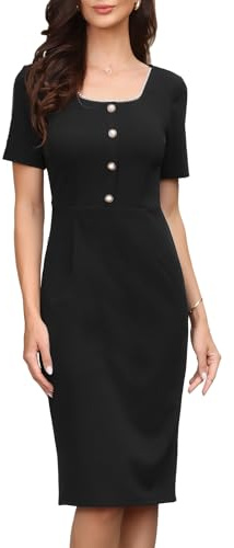 Allegra K Robe Élégante Femme Business Manches Courtes et Col Carré Boutonnée Coupe Fourreau Tenue d'affaires Décontractée