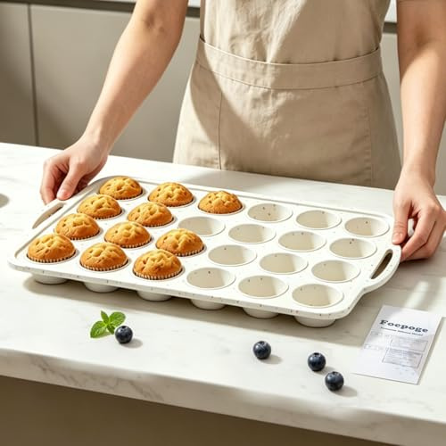 Foepoge Mini muffinsbricka för bakning: 24 koppars silikonmuffinsbricka med | metallram och handtag , spillfri överföring från bord till ugn , non-stick silikonform , lätt att plocka ut , perfekt för