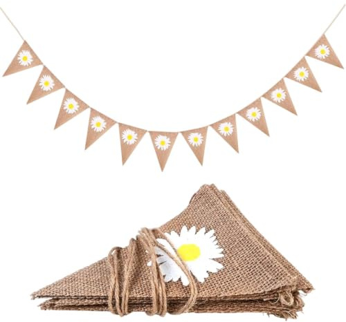 Banner Triangolare Bandierina in Lino a Triangolo con Fiori di | Ghirlanda Festoni per aula scuola esterno carnevale giardino matrimonio sposa compleanno