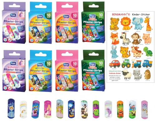 Juego de 80 tiritas infantiles FIGO, 12 diseños y gratuitos: pegatinas Bergmann®, para niñas y niños, clínicamente probados, resistentes al agua, tiritas, pegatinas de colores