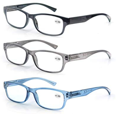 3 Pack Lesebrille 2.0 Herren/Damen,Gute Brillen,Hochwertig,Rechteckig,Komfortabel,Super Lesehilfe,fur Manner und Frauen,Schwarz-Blau-Grau