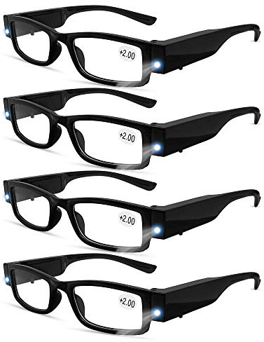 4 Pcs Reading Glasses Led Readers with Lights Fashion Glasses for Reading for Men and Women Lighted Magnifier Nighttime Reader Compact Full Frame Eyewear Unisex Clear Vision Lighted Eye Glasses(+200)