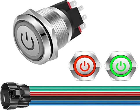 GUUZI 12V-24V/10A Interrupteur à Bouton-Poussoir à Verrouillage NO/NC Etanche Vert/Rouge Lumière LED Illuminé 22mm Bouton-Poussoir de Démarrage en Métal avec Prise de Courant