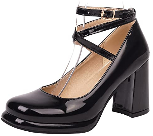 Scarpe Mary Jane da Donna con Tacco Largo, Pompe al Tallone Alto Punta Rotonda Fibbia Vestito Pumps con Plateau Criss Cross Strap Moda Kyfuft Nero Numero 33 EU