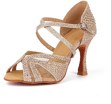Syrads Scarpe da Ballo Latino Salsa Donna Scarpe da Ballo da Sala Tango Valzer Kizomba Bachata Danze al Coperto,Oro 9cm Heel,36 EU