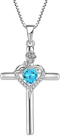 FJ Korskedja damer 925 sterlingsilver födelsesten kedja hänge med ros blomma smycken gåvor för kvinnor mor flickvän mamma, Akvamarin