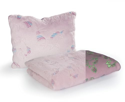 MAXXMEE 2-in-1 Kuscheldecke & Kissen | 'Glow IN The Dark' Wohndecke für magische Kuschelmomente | Schnelle Verwandlung vom Kuschelkissen in eine Flauschige Fleece-Decke | 150x200cm [Rosa-Einhörner]