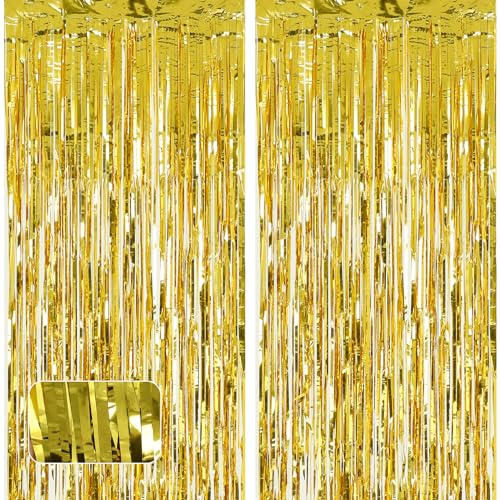 COMNICO Sfondo con frange oro scintillante, 2 pezzi di lamina dorata, stelle filanti metalliche, decorazioni per feste di compleanno, matrimonio, laurea, Natale, Halloween