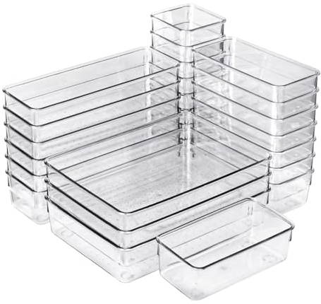 Set de 25 Cajones de Organización | Organizadores de Plástico Transparentes | Separadores de Cajones para Escritorio | Baño | Cocina | Frigorífico | Despensa | Maquillaje | Joyas | Multiusos